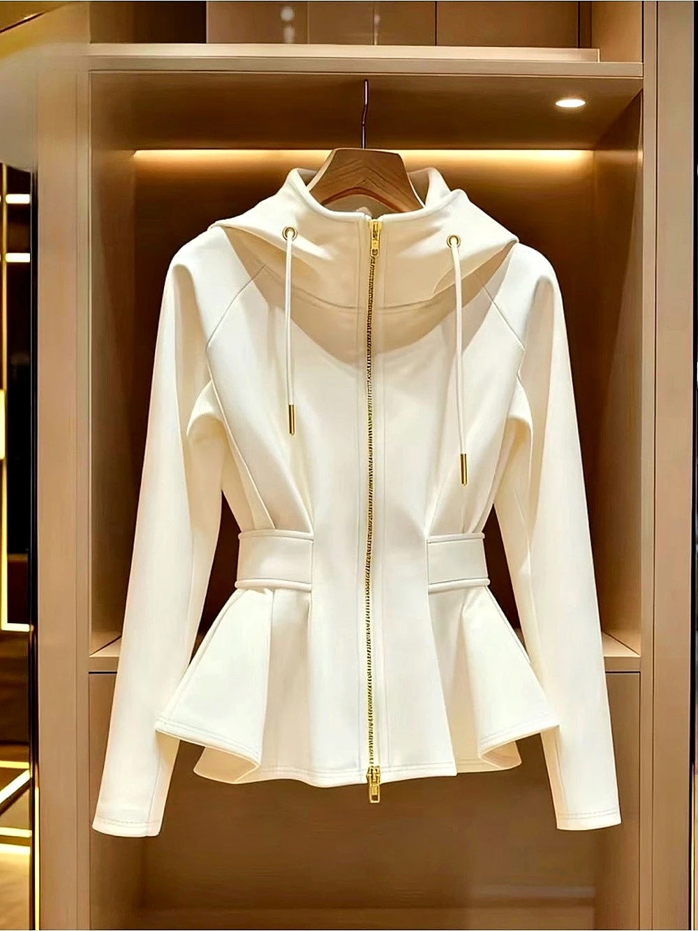 White Luxury Hooded Peplum Jacket Like New Large